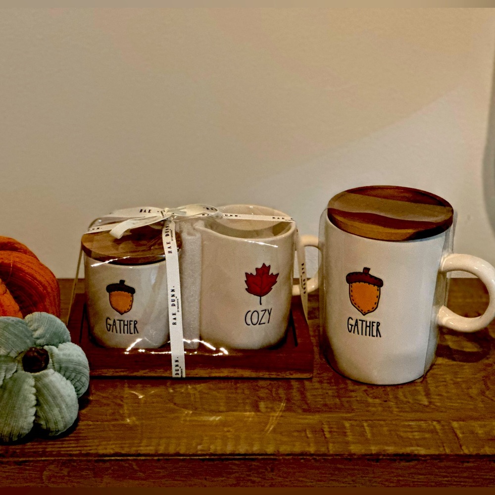 Rae Dunn Fall themed cream & sugar on wooden stand + matching mug/wooden coaster